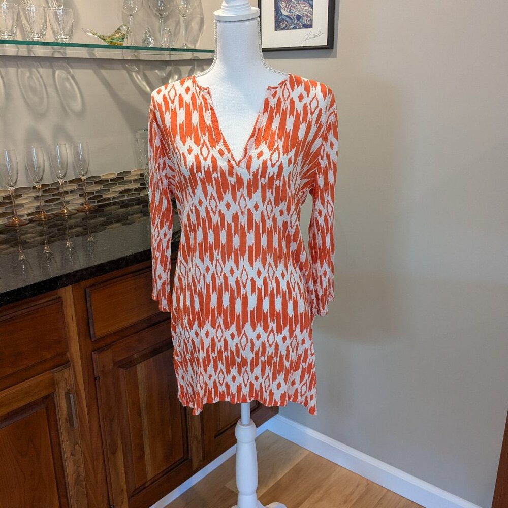 J Crew Sheer Long Tunic Blouse Coverup Oversized Orange and White Modern Pattern